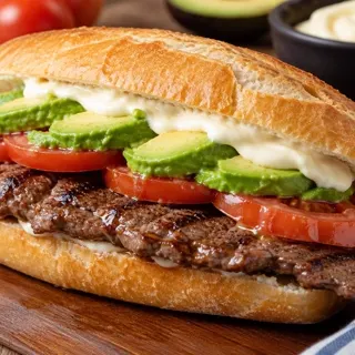 Churrasco italiano – Carne de vacuno en marraqueta con palta, tomate y mayo casera. en Amigo Turista, Vicuña